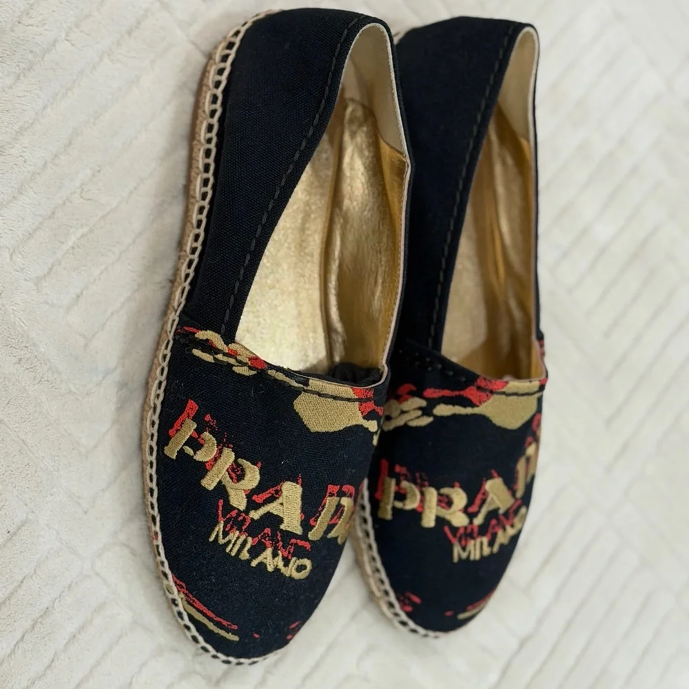 Prada Black Canvas Espadrilles with Gold and Red Logo Embroidery